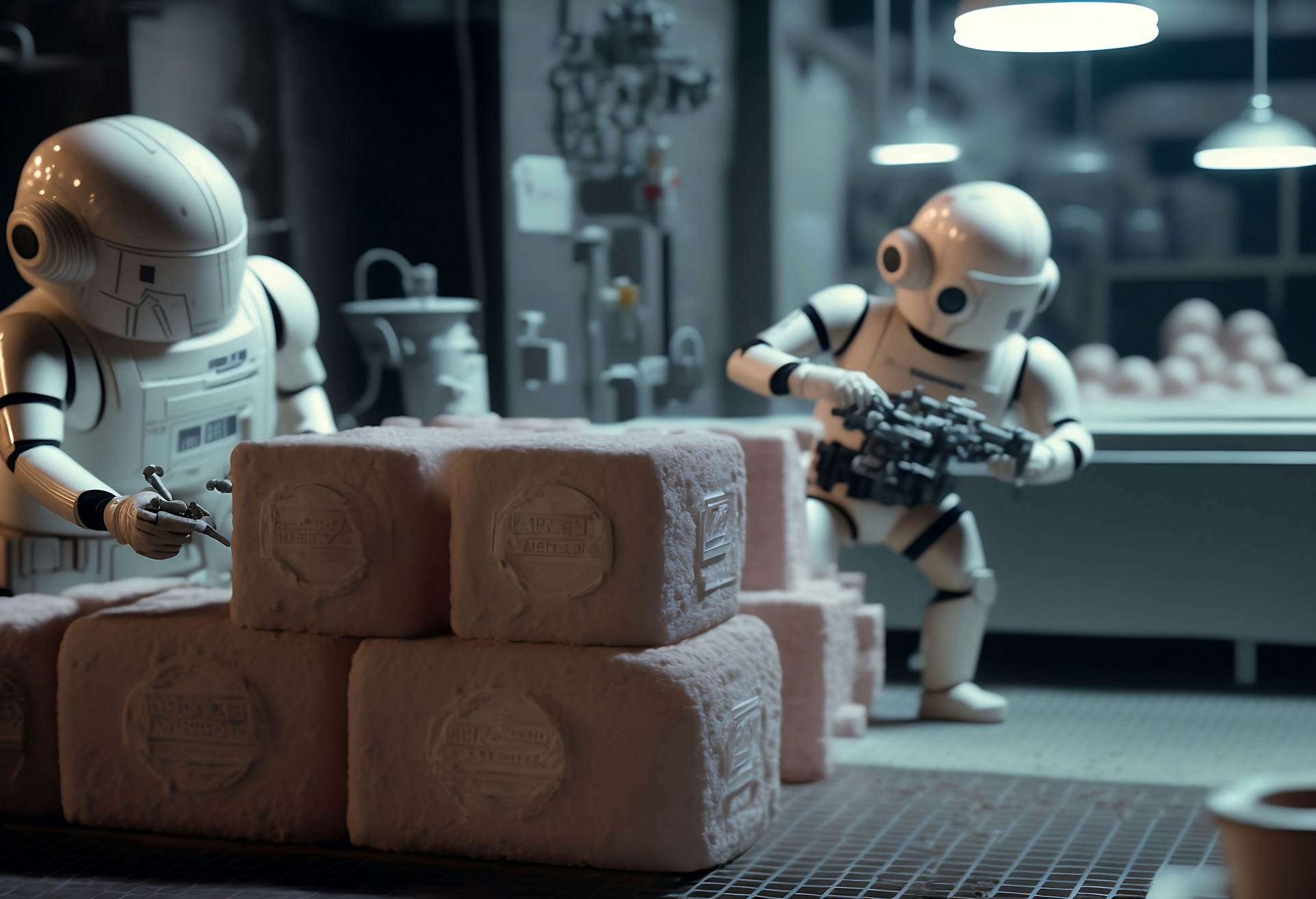 una imagen de dos pequeños robots trabajando en cubos de arcilla para representar la variedad del uso de la IA en las industrias fuente de imagen: https://unsplash.com/photos/a-robot-holding-a-gun-next-to-a-pile-of-rolls-of-toilet-paper-YeoSV_3Up-k